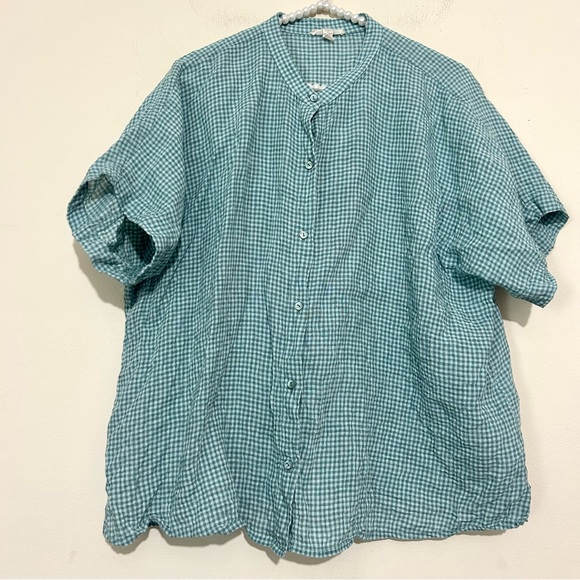 Eileen Fisher Puckered Organic Linen Short Sleeve Blue Shirt SIZE XL - Picture 2 of 5